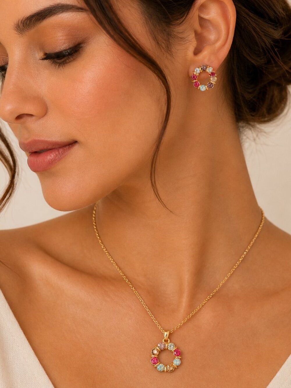 Chic Multicolor Floral Pendant Necklace and Earring Set